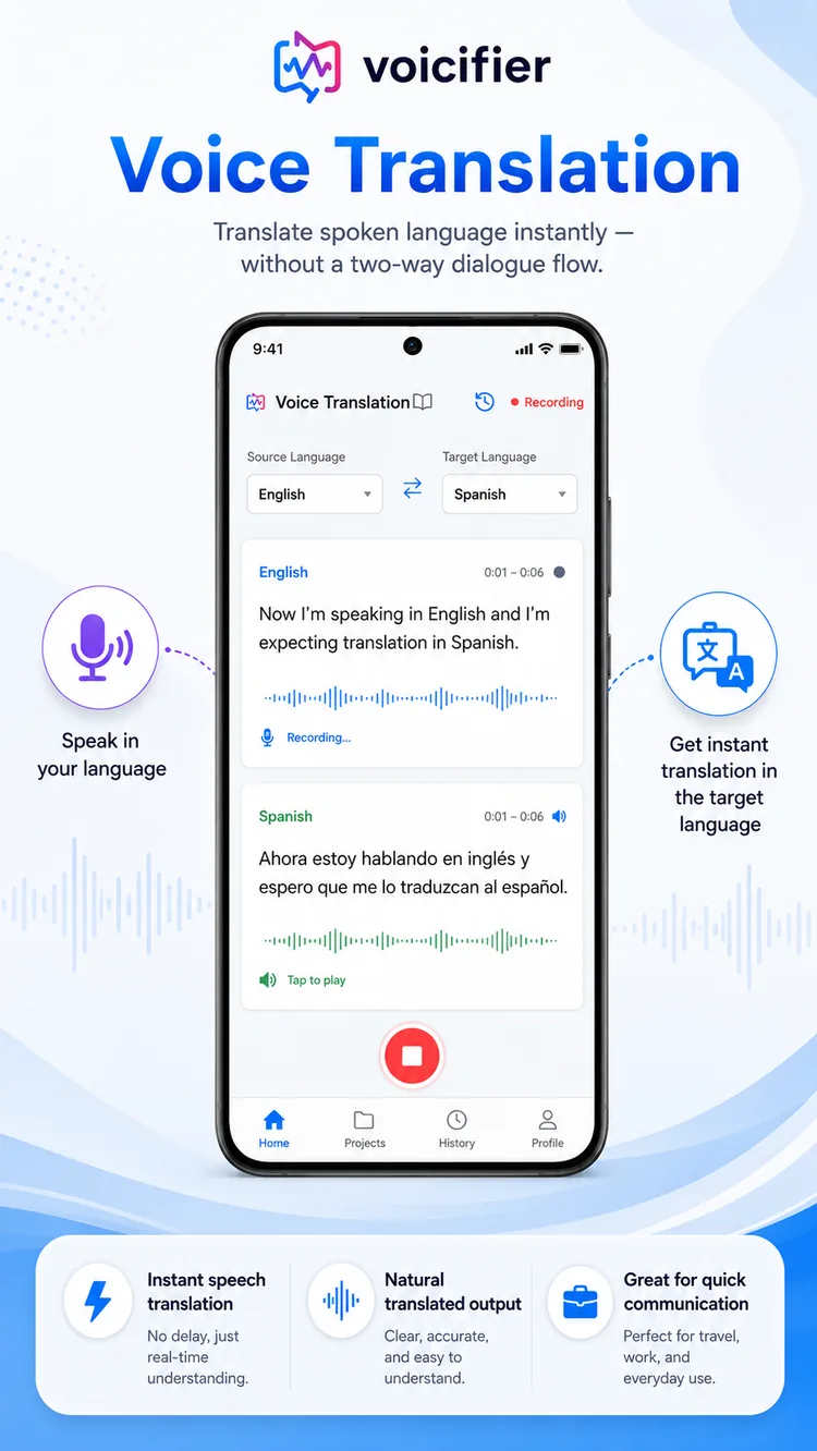 Voice Translation screen translating speech in real time