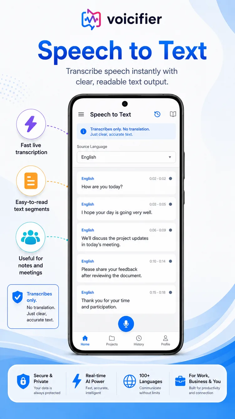 Speech to Text screen transcribing spoken words instantly