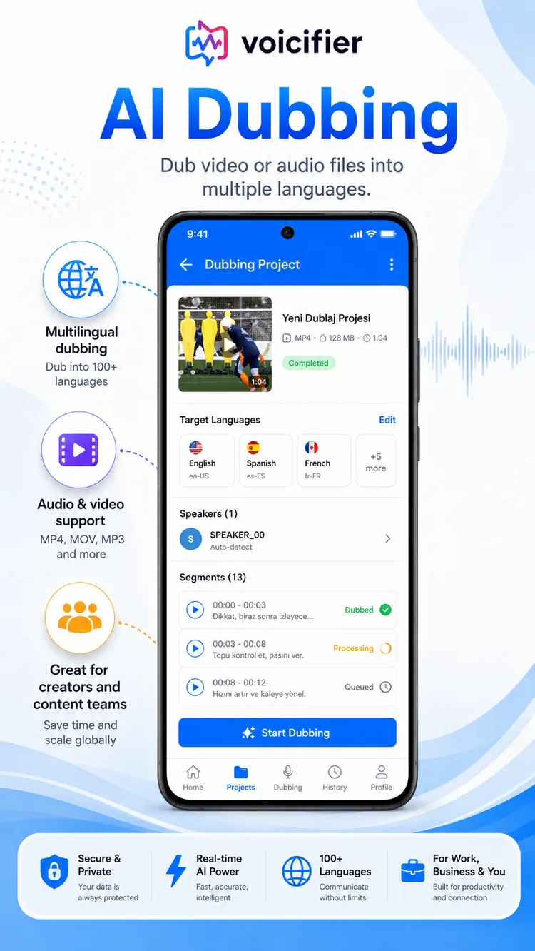 AI Dubbing screen for translating audio and video into other languages