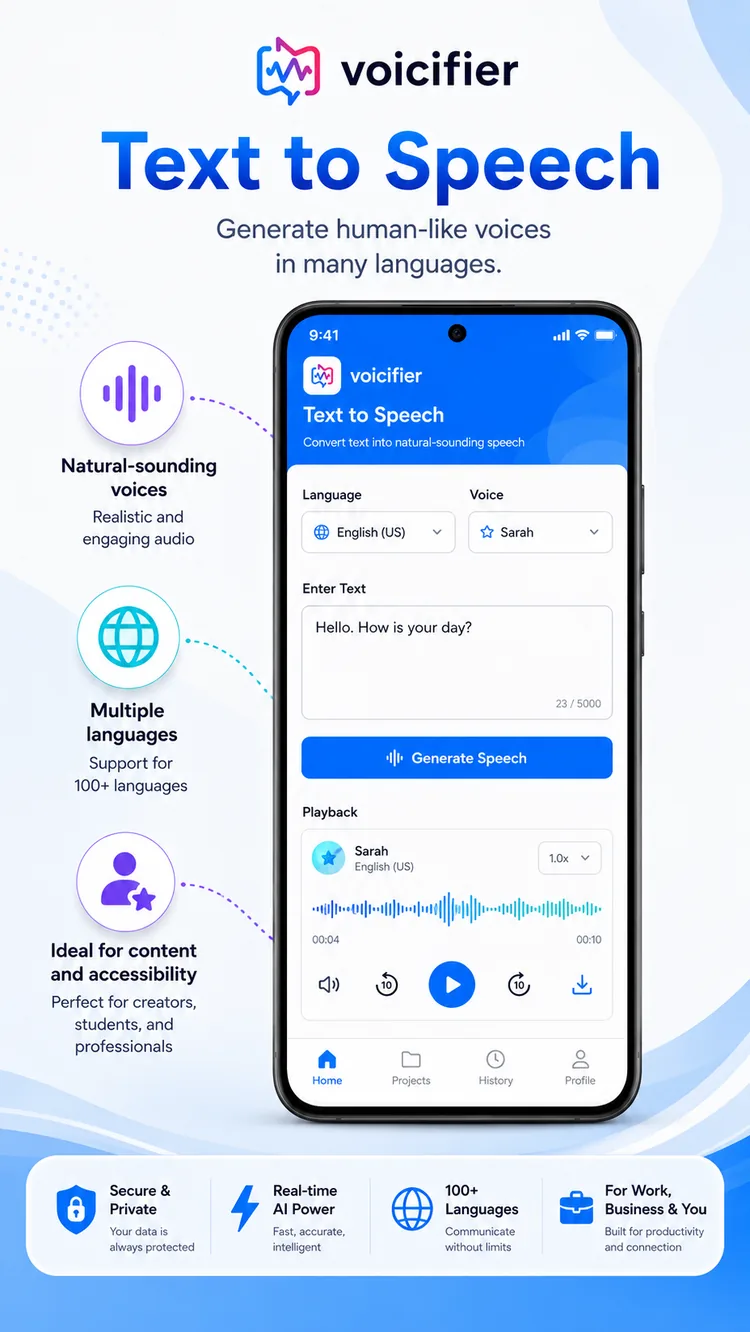 Text to Speech screen generating natural voice from text